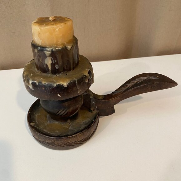 Antique Primitive 1900s Wood Candle Holder with Handle 6.5"‎ Carved Prop - Picture 5 of 6